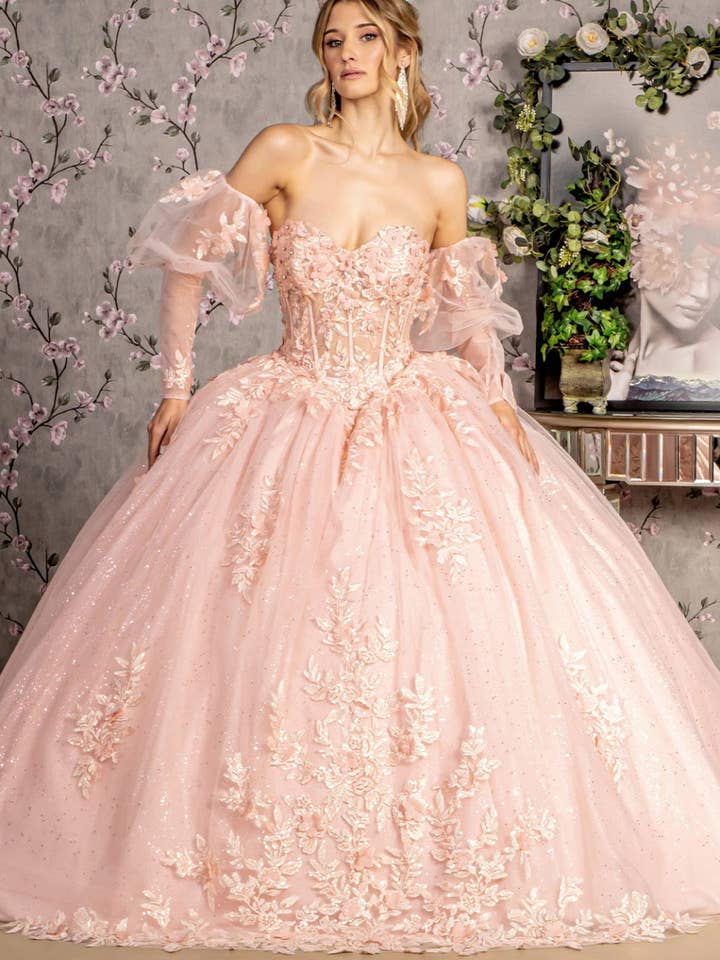 Glitter Embroidery Sheer Bodice Mesh Ball Gown w/ Long Puff Sleeves for wholesale by Tux-USA®