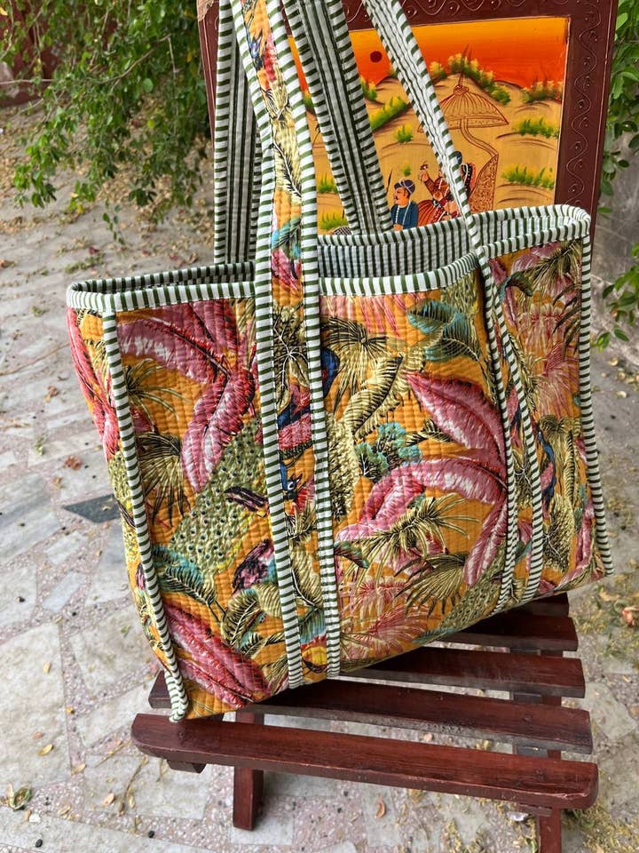 Leaf Printed Quilted Cotton Handmade Tote Bag Shoulder Bag for wholesale by Bhawana Handicrafts