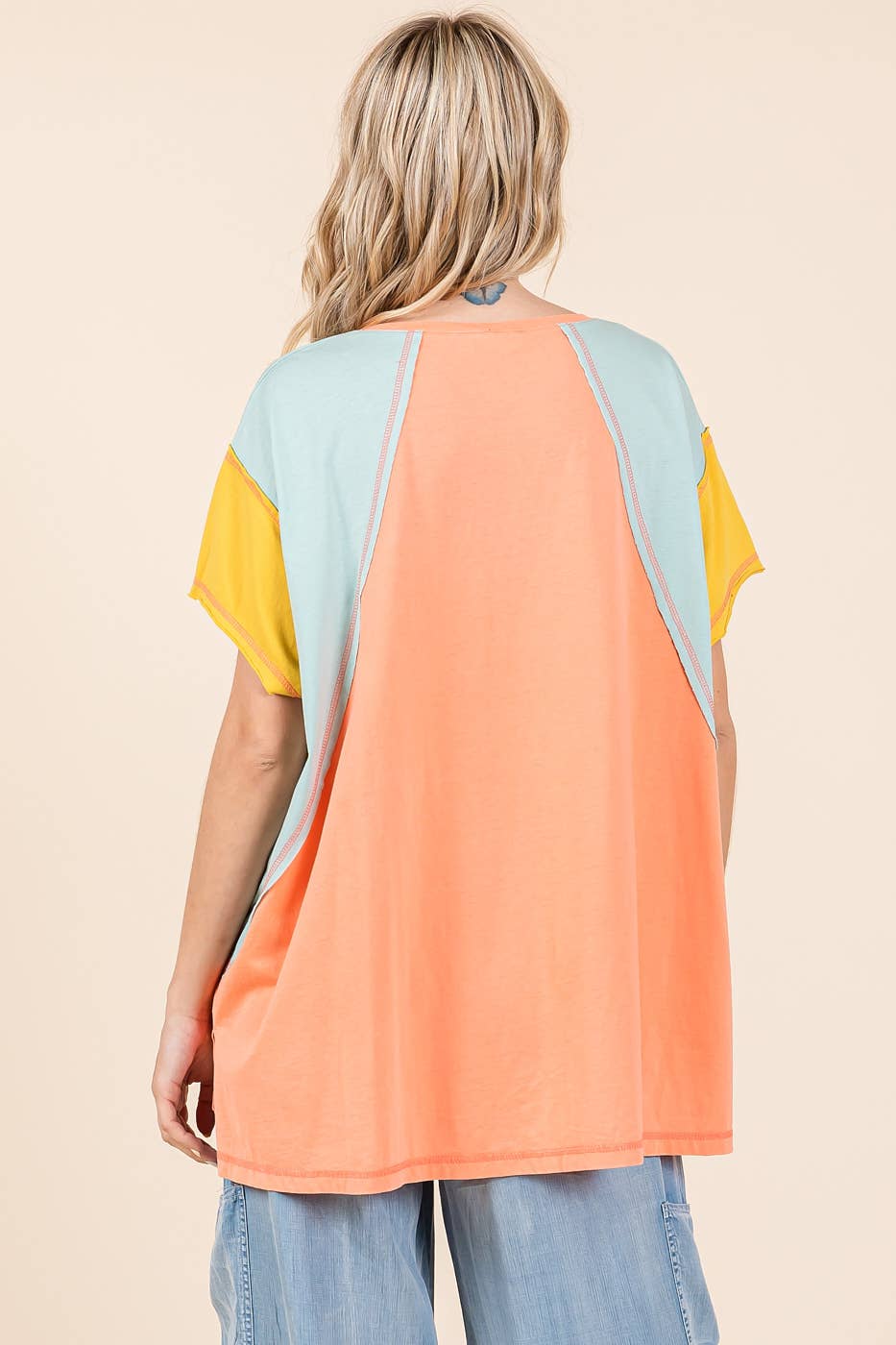 mittoshop – Túnica - Mulher por atacado – TOP DE MALHA DE MANGA CURTA EM BLOCO COLORIDO DE GRANDES DIMENSÕES10