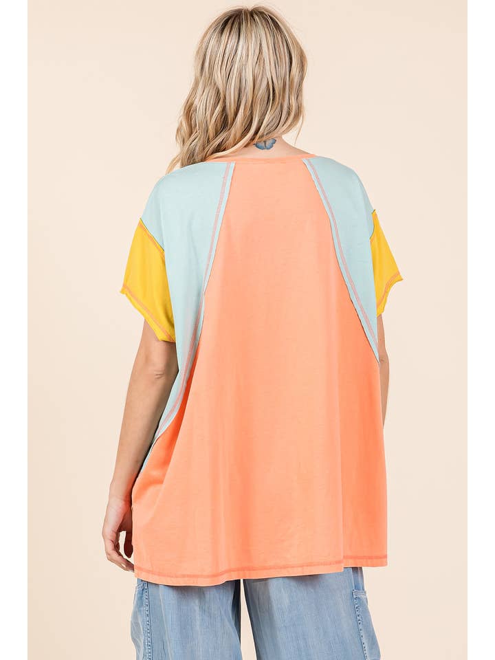 mittoshop – Túnica - Mulher por atacado – TOP DE MALHA DE MANGA CURTA EM BLOCO COLORIDO DE GRANDES DIMENSÕES10