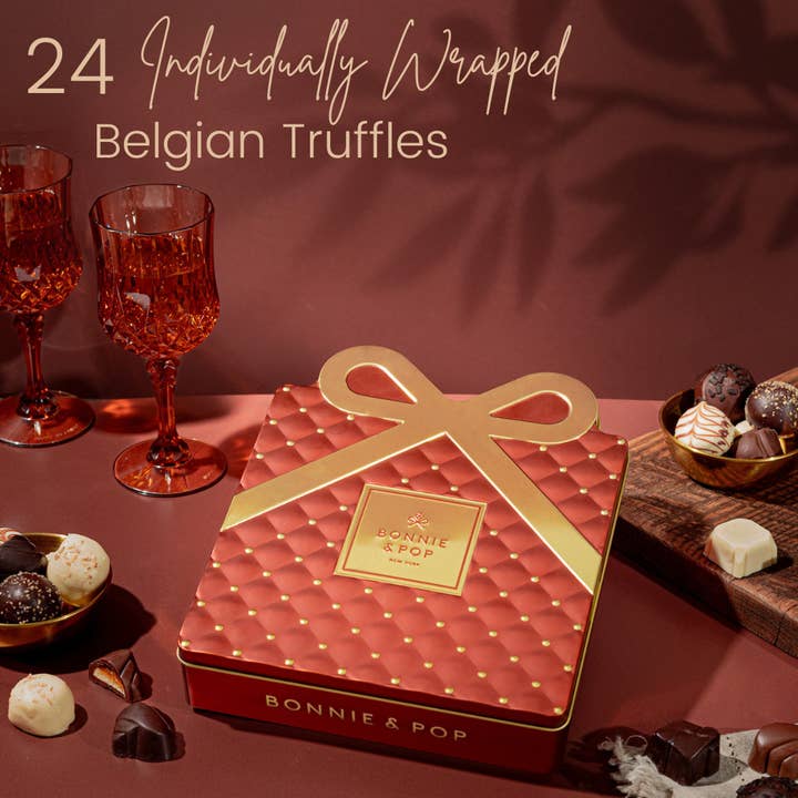 Bonnie & Pop - Wholesale Chocolate Box - Gourmet Chocolate Gift Box – Elegant Bow Tin with Belgian Truffles- Copper8