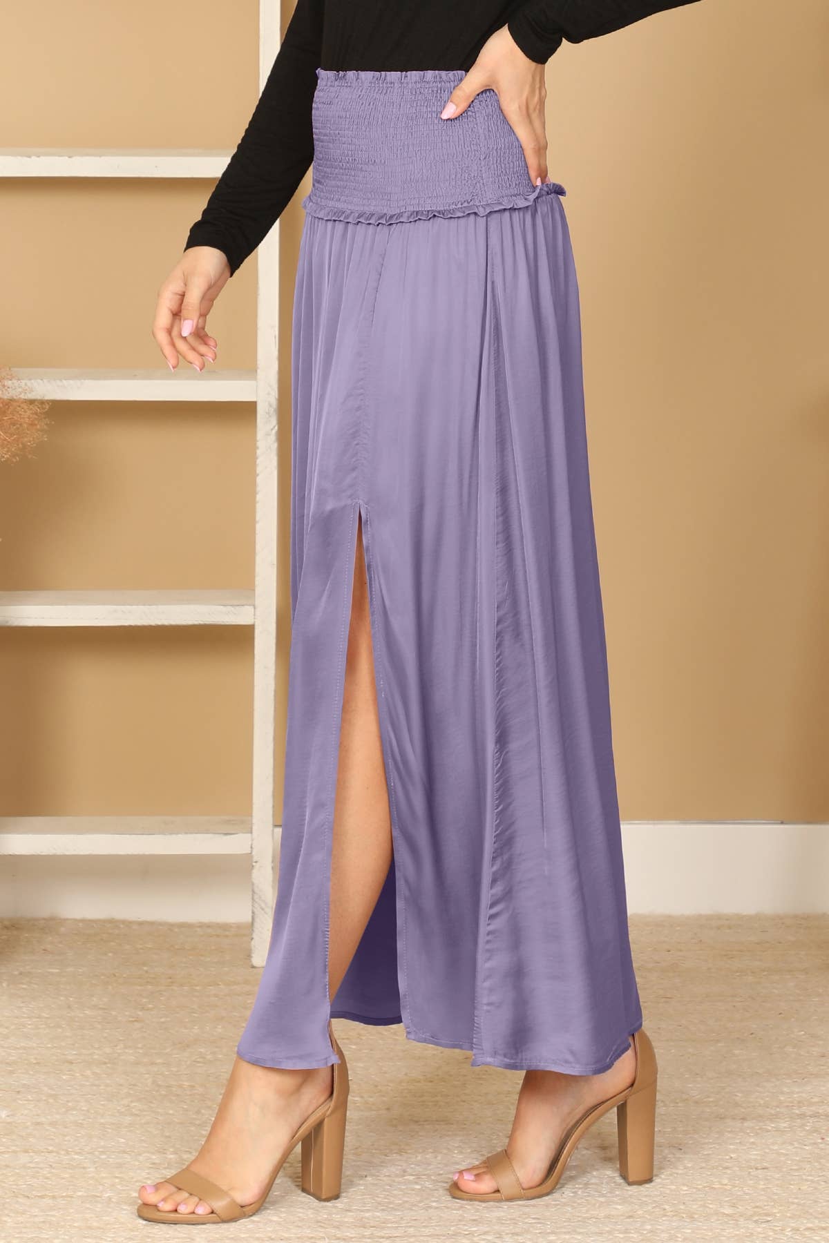 MYS Wholesale Inc - Wholesale Skirt - Women's - Shirred Waist Double Thigh Split Satiny Skirt7