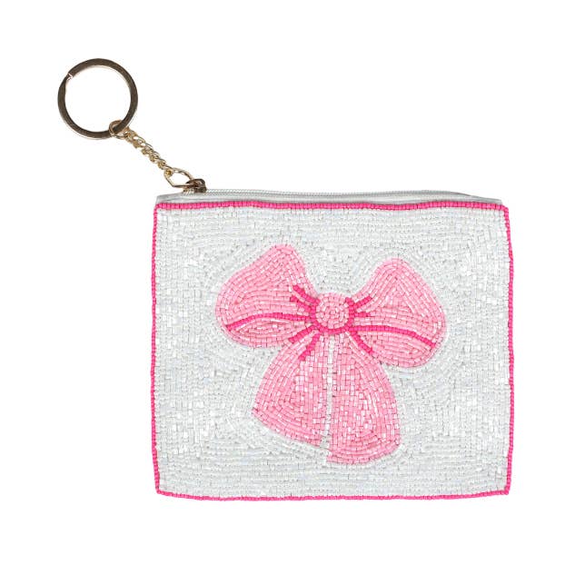 White & Pink Bow Beaded Coin Purse for wholesale by Jane Marie