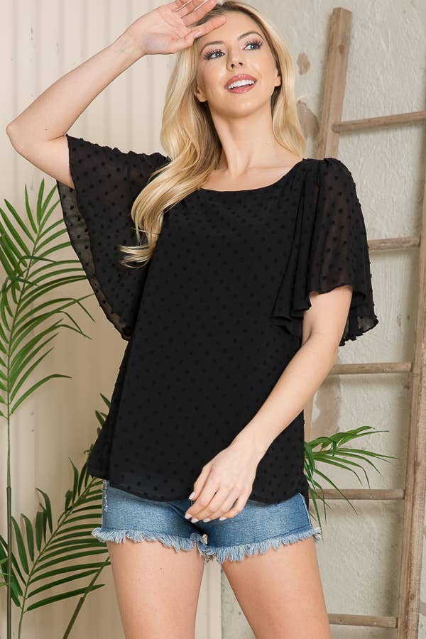 Orange Farm Clothing - Wholesale Blouse - Women's - Swiss Dot Flutter Sleeve Blouse-Solid0