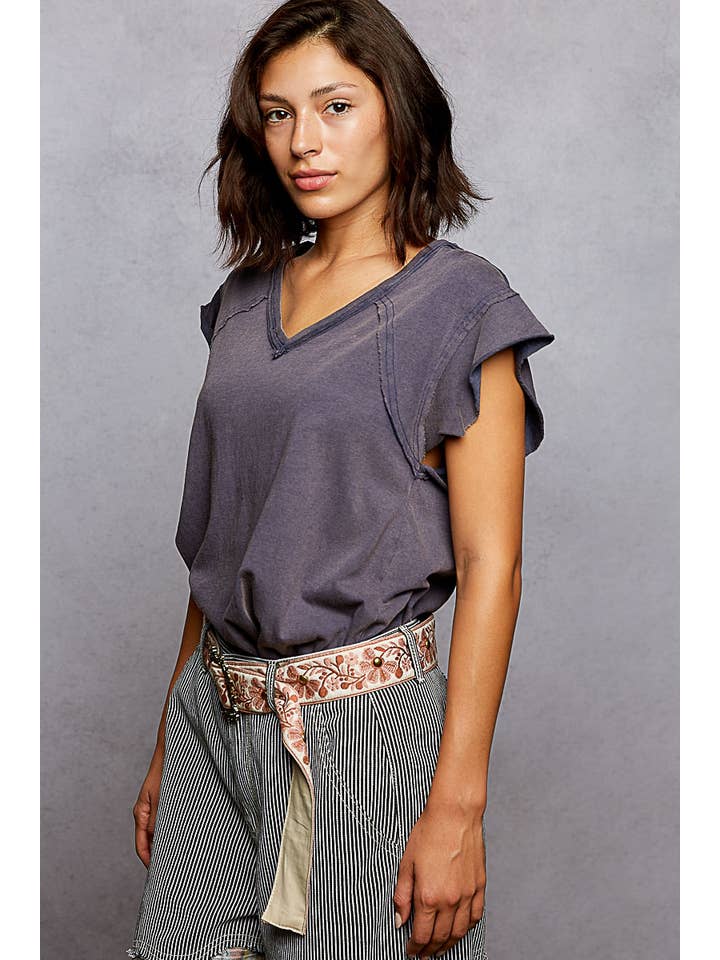 Pol Clothing - Wholesale T-Shirt - Women's - V-neck ruffle short sleeve solid basic cotton top43