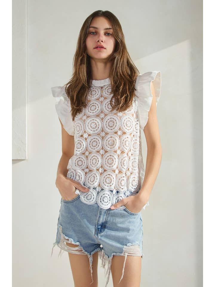 Oddi - Vente Chemisier – femme - Haut à manches courtes évasées en dentelle crochetée Plus6