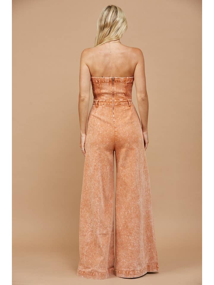 BOHO MINERAL WASH WIDE LEG DENIM JUMPSUIT 4406 LT RUST for wholesale on Faire