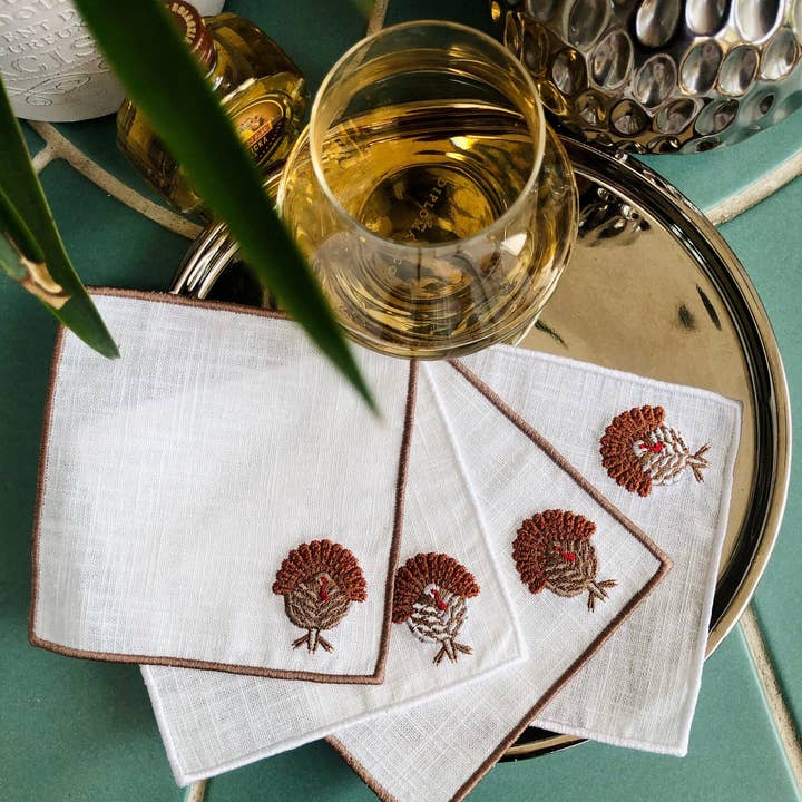 Set di 4 tovaglioli da cocktail ricamati con tacchino per il Ringraziamento per la vendita all'ingrosso da parte di Belle Linen