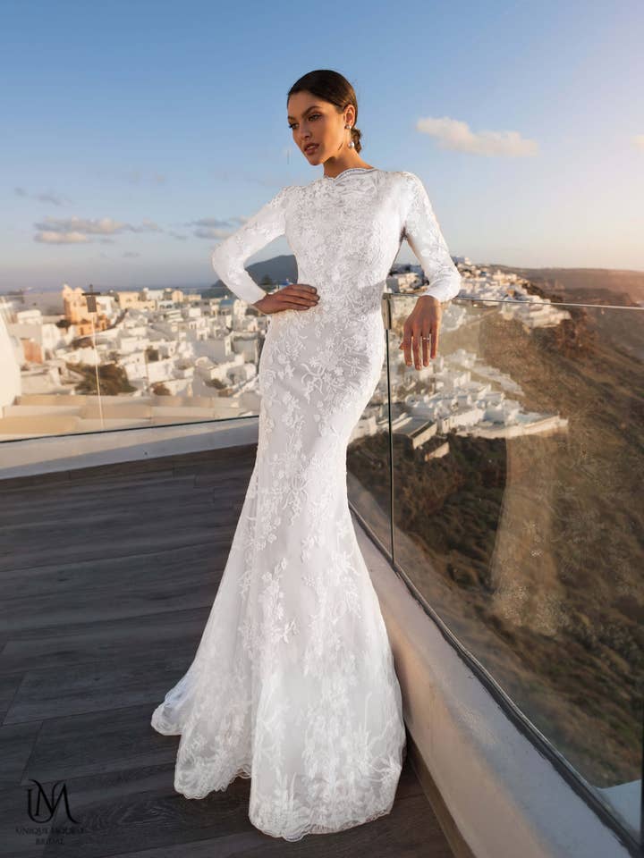 Diamond - Elegant Satin Modest Mermaid Wedding Dress for wholesale by Unique Modest Bridal