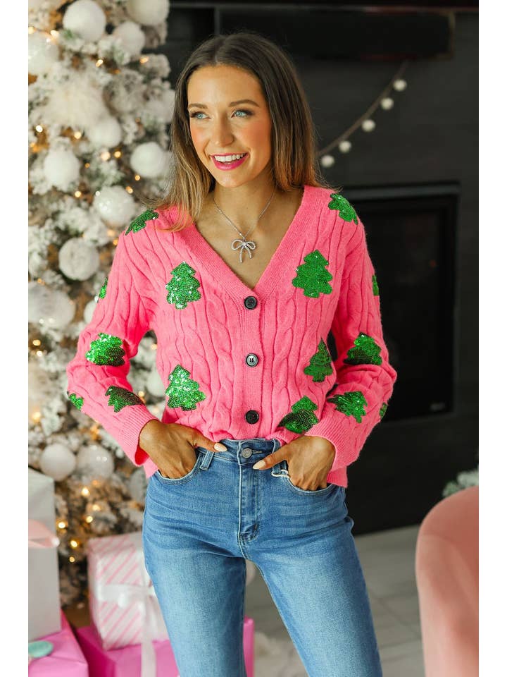 Pink Sequin Trees Cardigan for wholesale on Faire