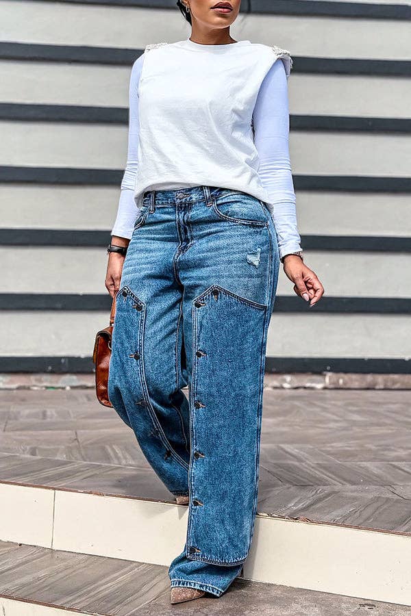 Blue Fashion Patchwork Buttons Denim Pants for wholesale on Faire4