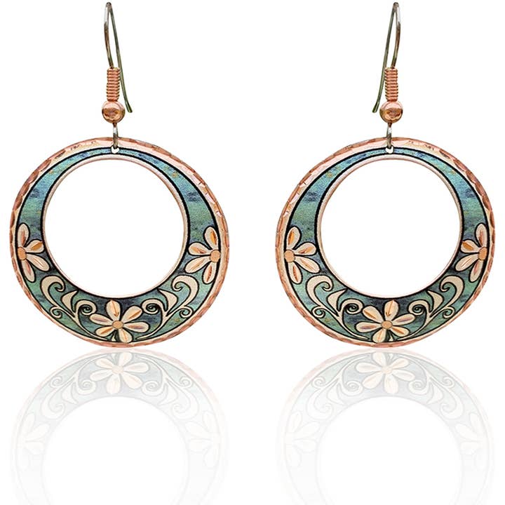 F 10 turquoise floral circle design Earrings for wholesale by COPPER ARTS INC.