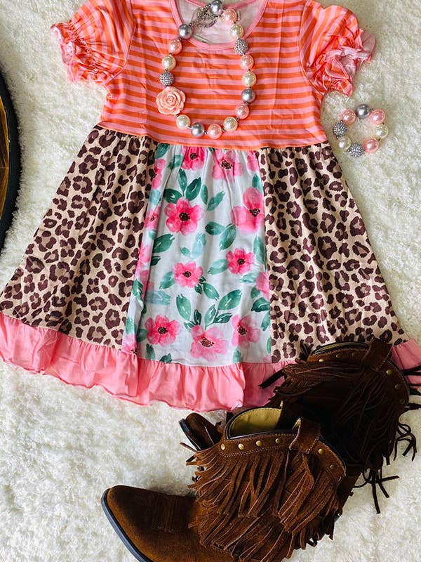 XCH0555-16H Striped & Leopard & Floral print girls dress for wholesale by luluclothes