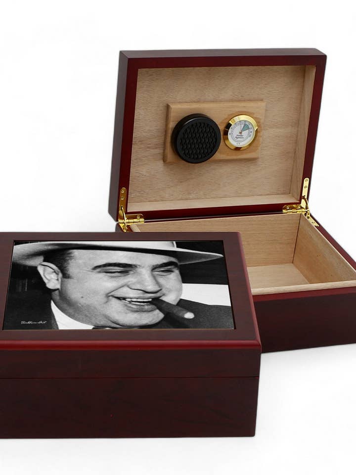 CIGAR HUMIDOR BOX: Luxury Mahogany Satin Finish fully lined in Cedar Wood - Al Capone Design for wholesale by SublimArt
