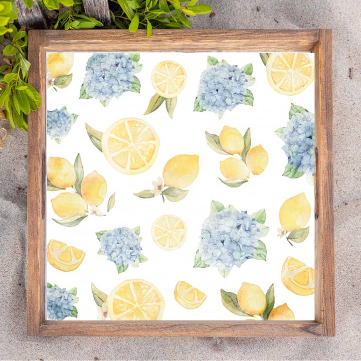 Hydrangea Lemon Wooden Serving Tray for wholesale by Rustic Marlin Personalized Home Decor