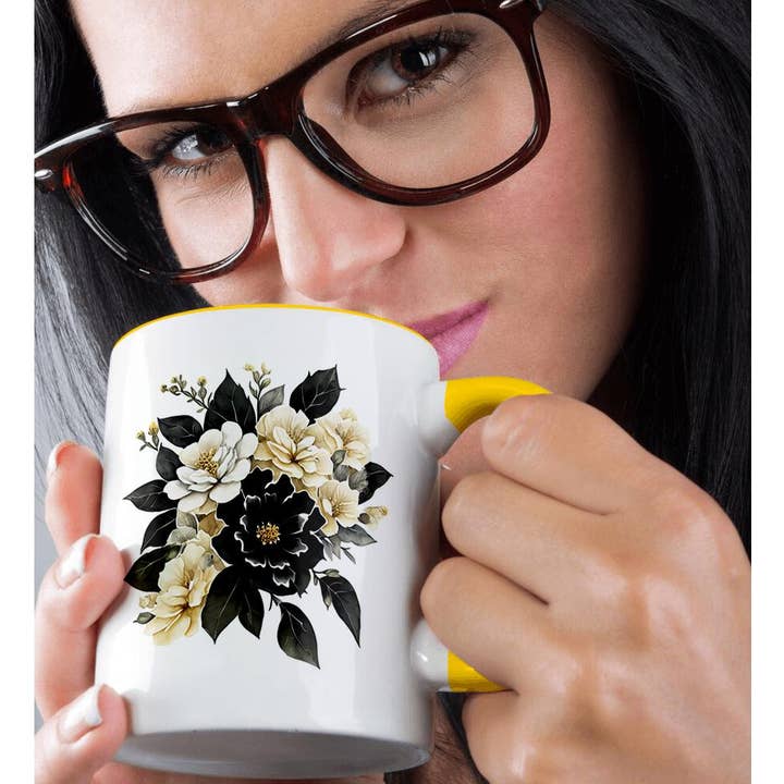 3dRose - Wholesale Coffee Mug - 3dRose, Elegant Black and Image Of Gold Flower Illustration, Mug1