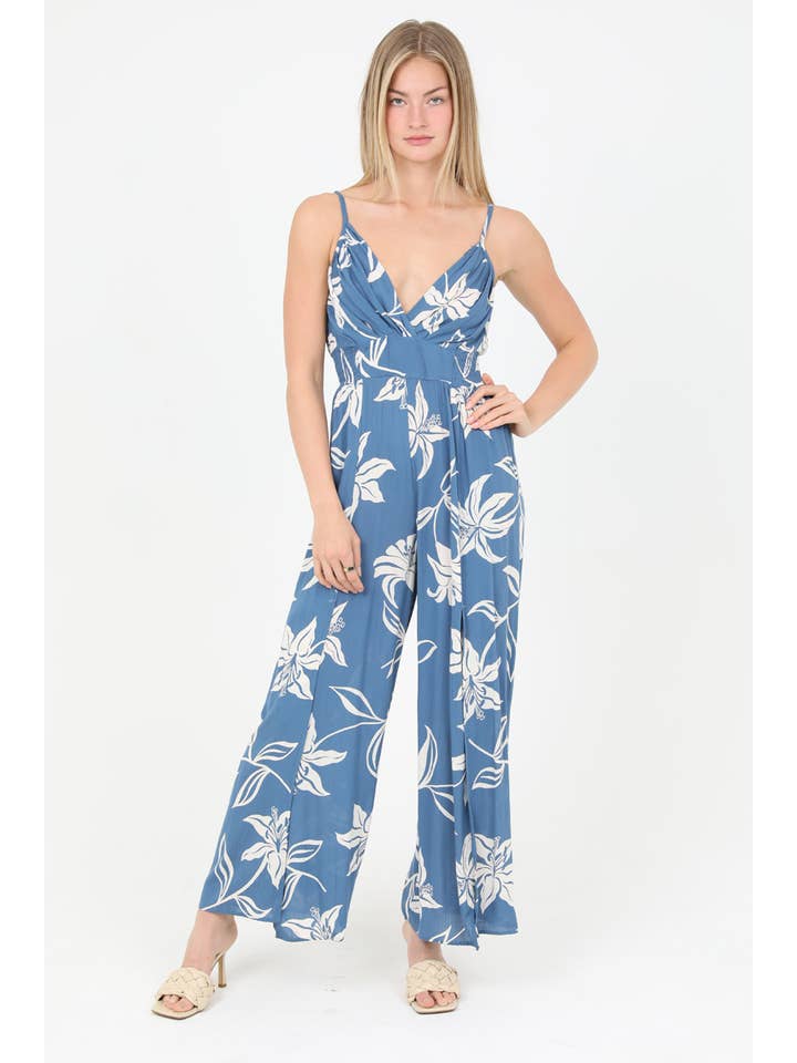 ANGIE - Wholesale Jumpsuit - Women's - B5957-W921 V NECK SLIT LEG JUMPSUIT FLORAL PRINT
