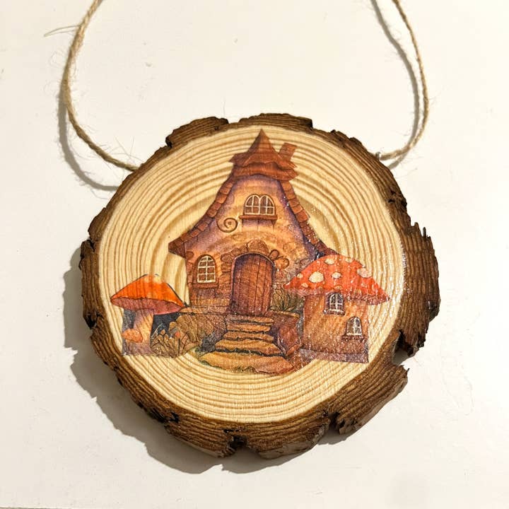 Decoupage Hanging Wood Slices Of Mushrooms And House for wholesale by Face It Home Decor