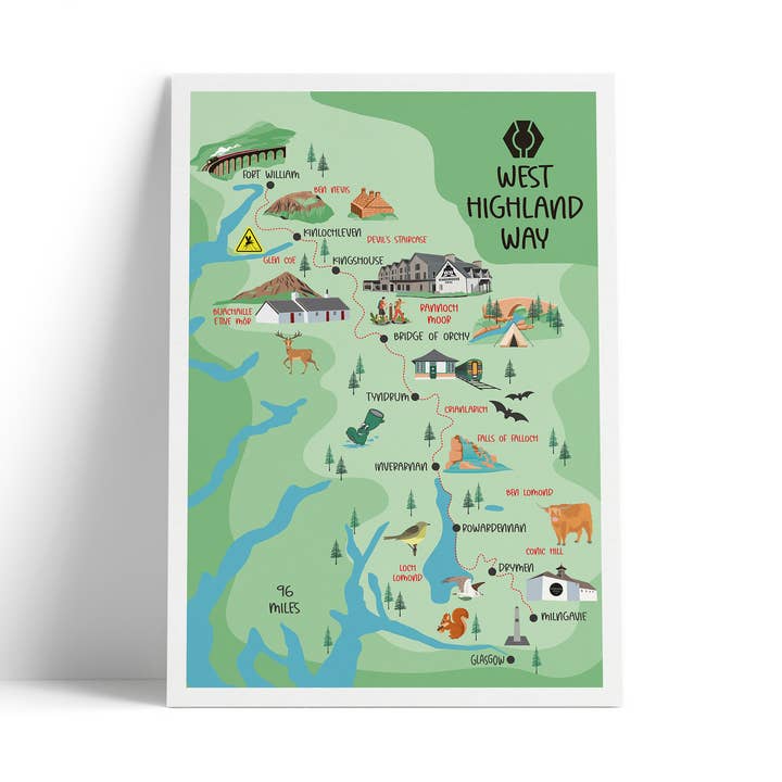 West Highland Way Map - Illustrated Trail Print - Souvenir for wholesale by Printagonist