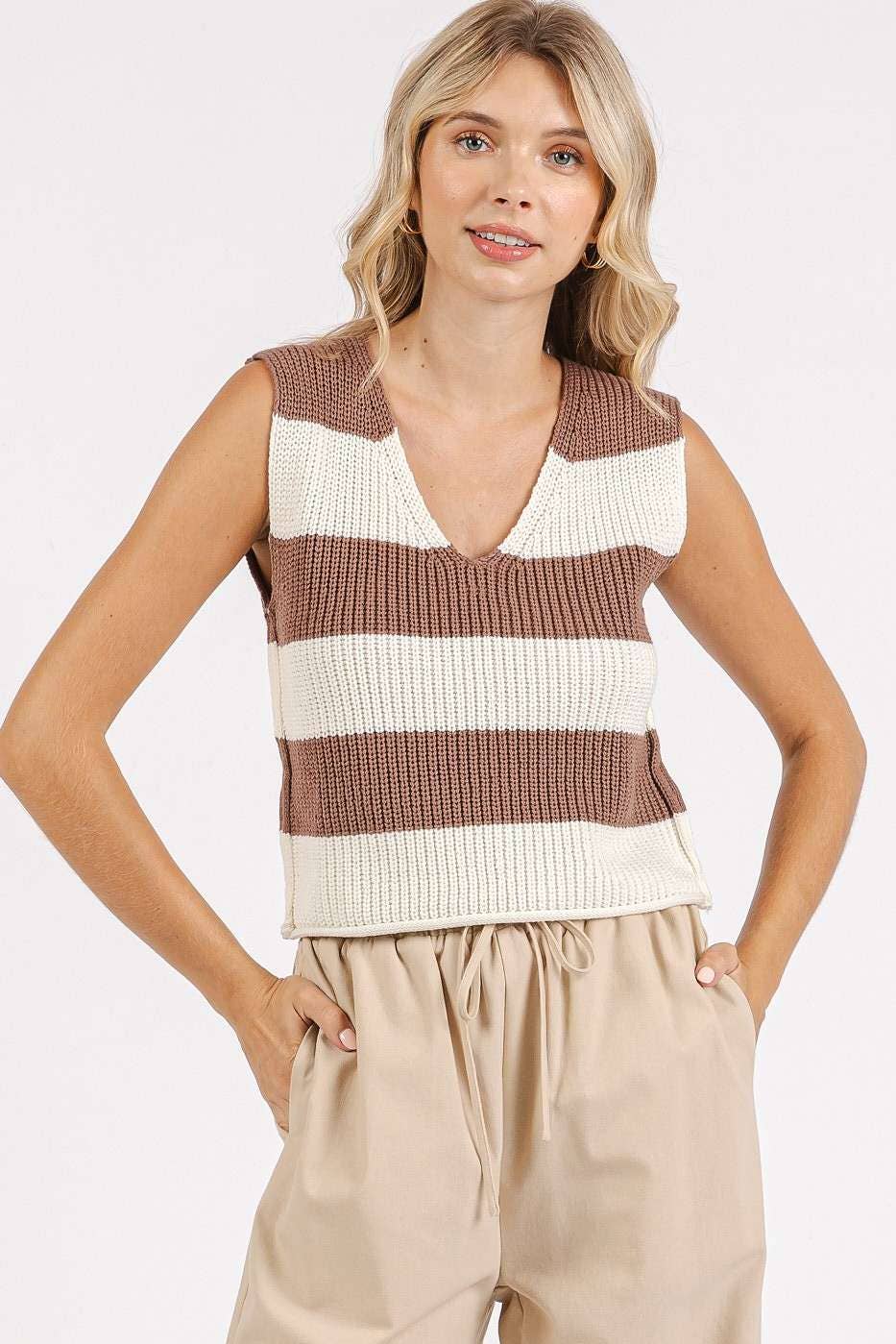 mittoshop - Wholesale Sweater Vest - Women's - STRIPED V-NECK CROPPED SWEATER VEST TOP22