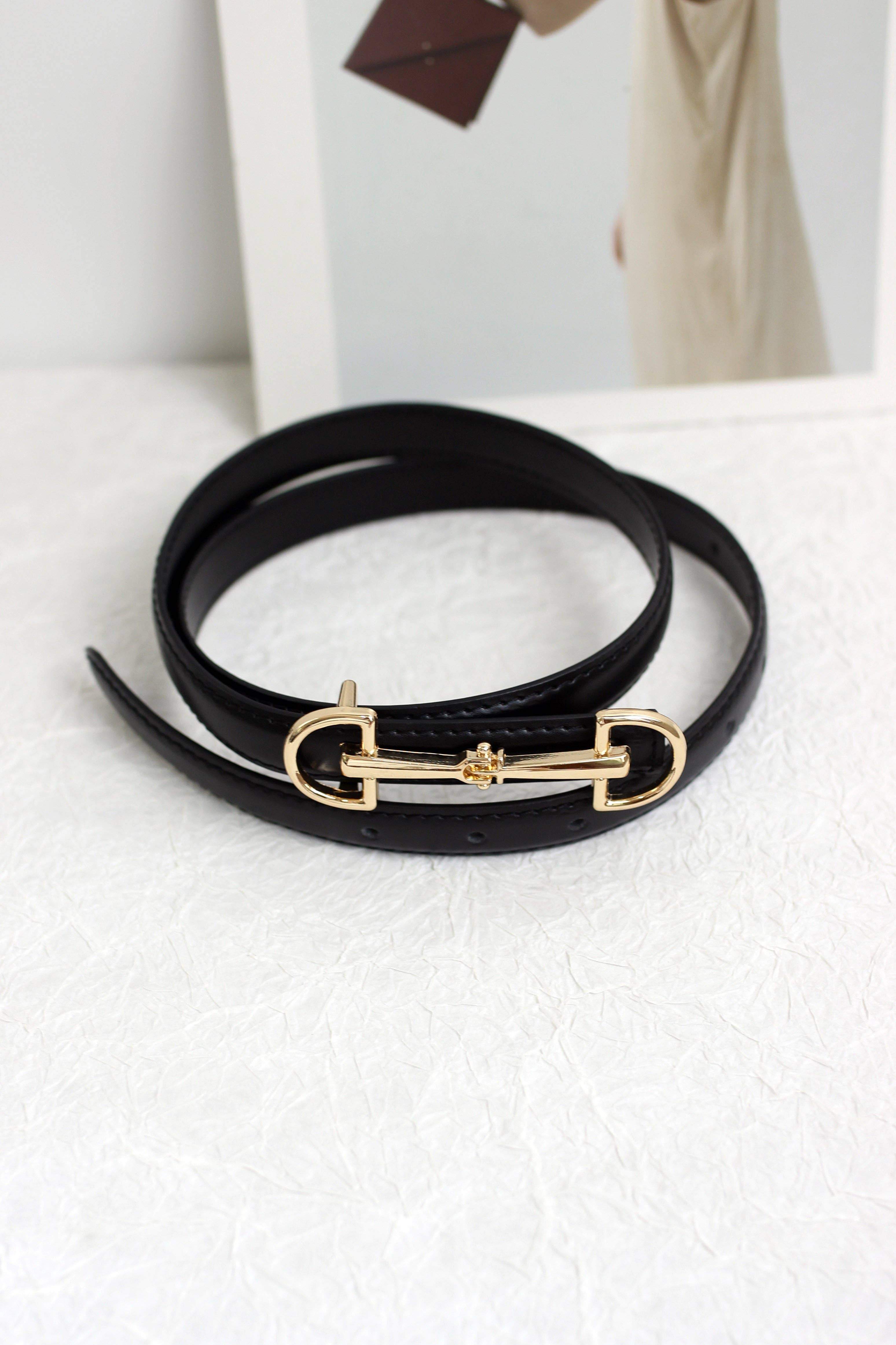 ESLEY - Wholesale Belt - Women's - A2408DJN36588 - Slim Leather Belt with Equestrian Buckle6