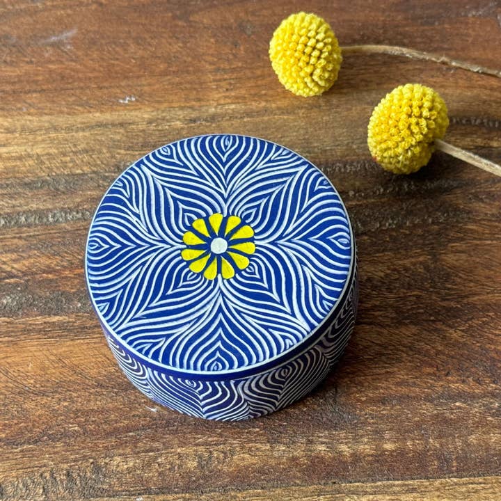 Soapstone Blue Round Box with Yellow Flower Accent for wholesale by Global Crafts