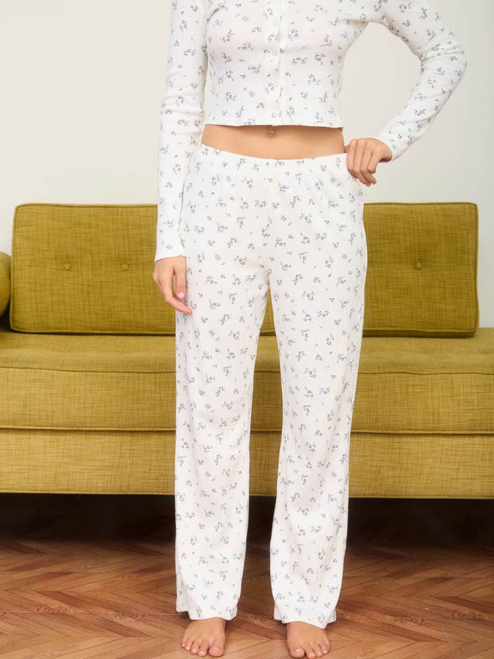 FLORAL POINTELLE ELASTIC WAIST KNIT PANTS for wholesale by Blu Pepper