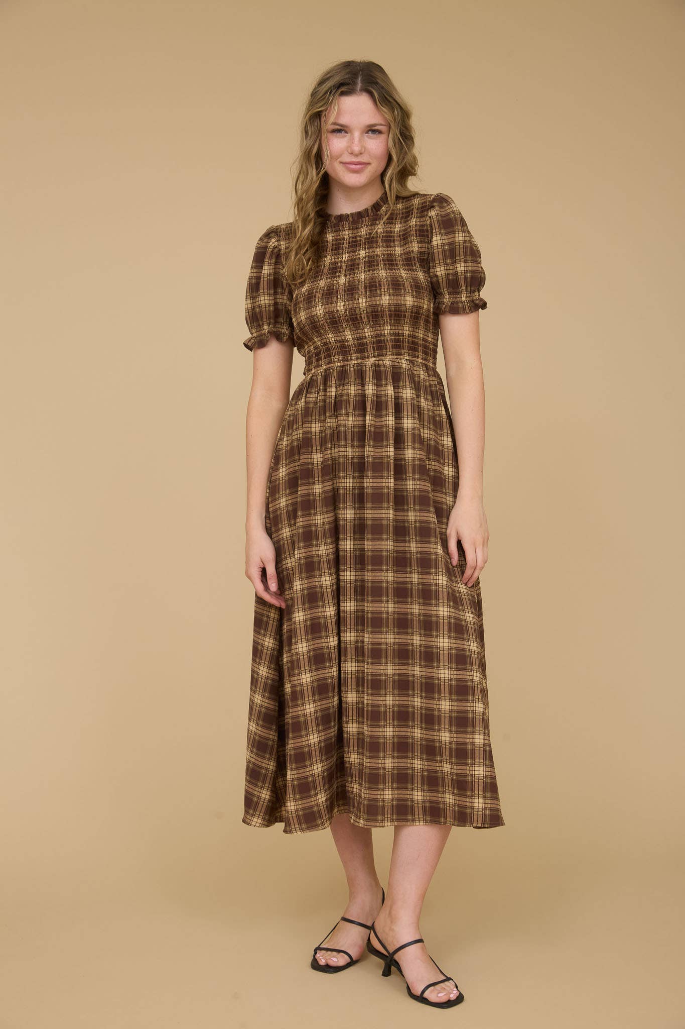 BROWN MULTI PLAID ROUND NECK PUFF SLEEVE SMOCKED MIDI DRESS for wholesale on Faire3