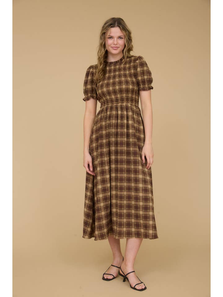 BROWN MULTI PLAID ROUND NECK PUFF SLEEVE SMOCKED MIDI DRESS for wholesale on Faire3