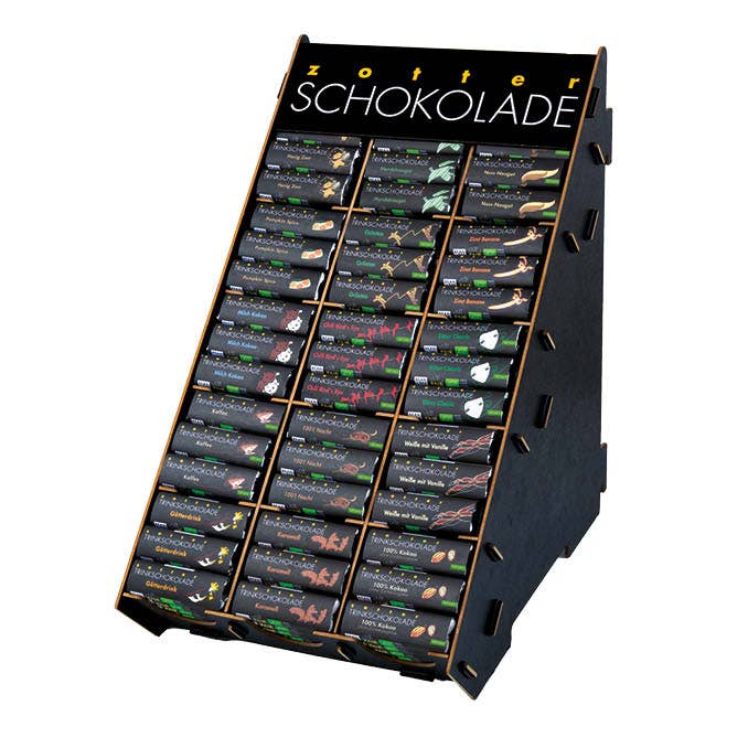 Zotter Chocolates - Vente Présentoir de commerçant - Nourriture et boissons - Affichage pour mini-chocolats à la main