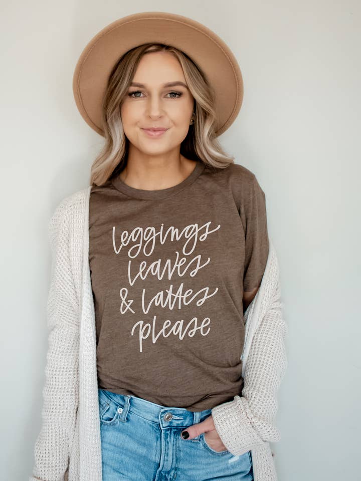 Heather Brown Leggings Leaves Lattes T-shirt Cute Fall Quote Tee Shirt for wholesale on Faire