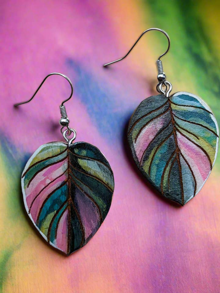 Pink Verigated Philodendron, hand painted Earrings, for wholesale by VibeHigh