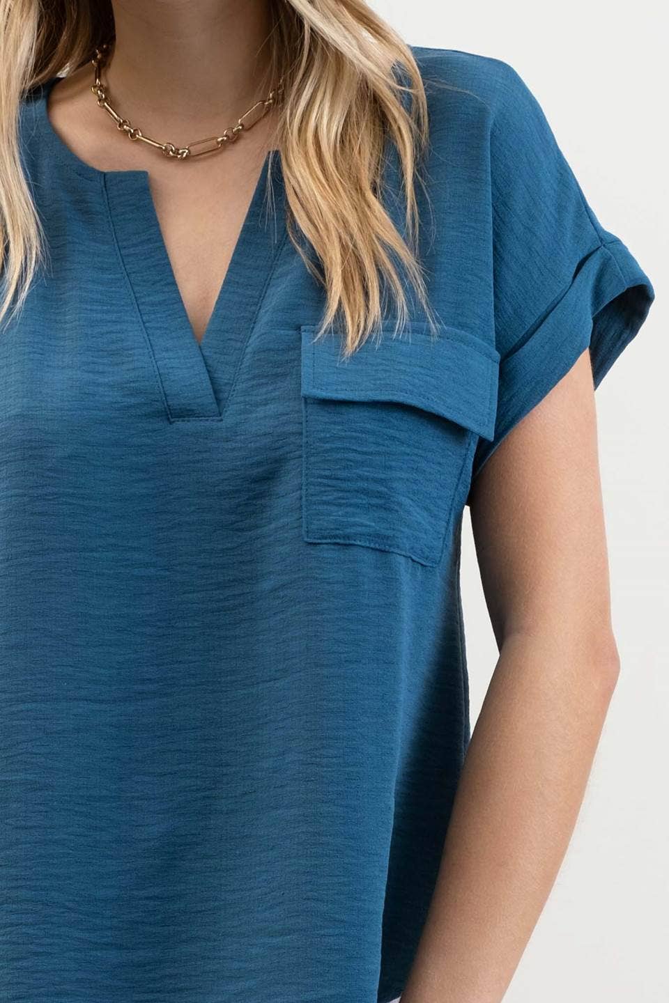 Blu Pepper - Wholesale Blouse - Women's - SPLIT NECK BACK BUTTON SHORT FOLD SLEEVE BLOUSE27