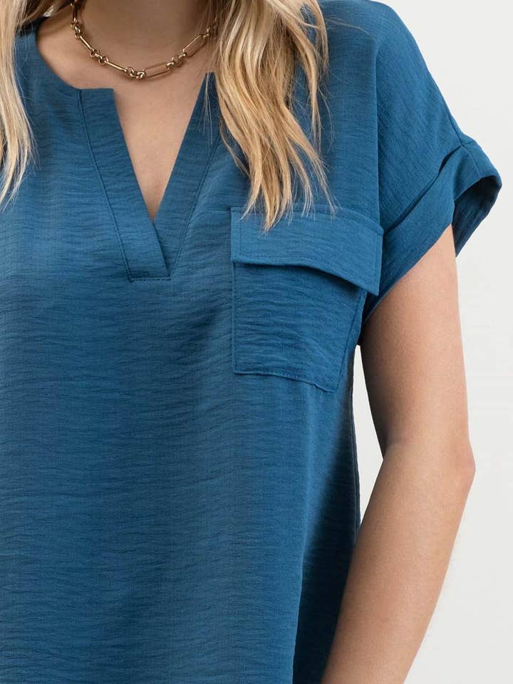 Blu Pepper - Wholesale Blouse - Women's - SPLIT NECK BACK BUTTON SHORT FOLD SLEEVE BLOUSE27