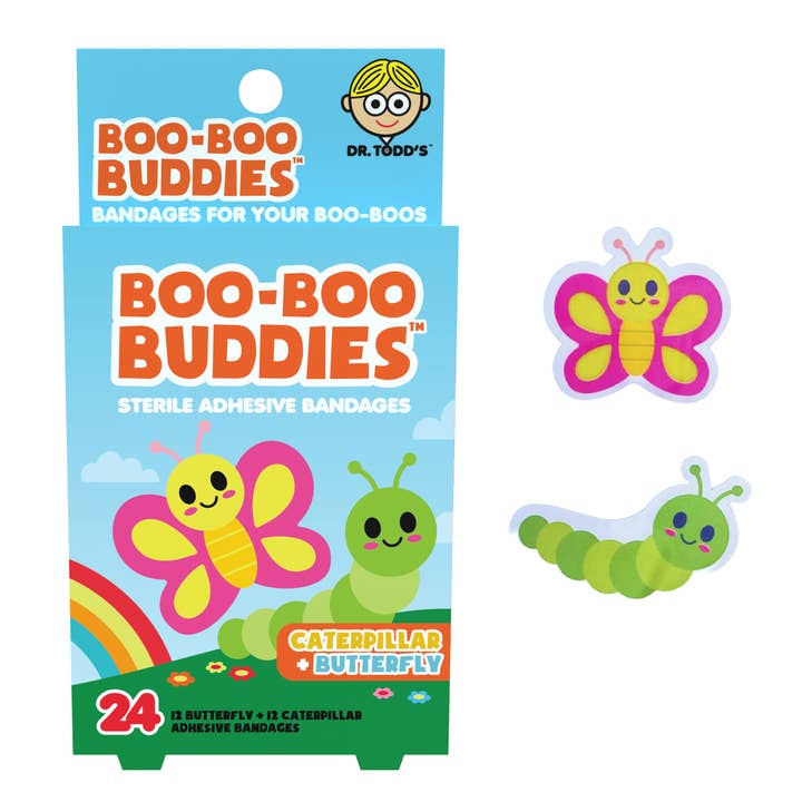 Kids Bandages – Caterpillar + Butterfly (24 Count, Latex-Free) for wholesale by Boo Boo Buddies