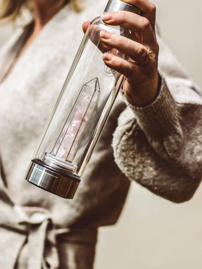 Crystal Gemstone Infused Glass Water Bottle – Rose Quartz for wholesale by Mindful Living Co.
