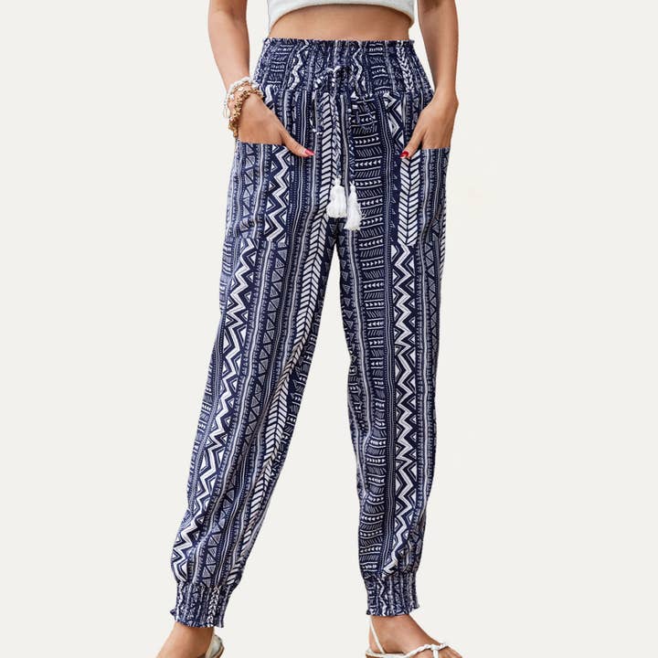 Vacay Boho-Style Print Smocked High-Waist Pants for wholesale by The Moment Collection