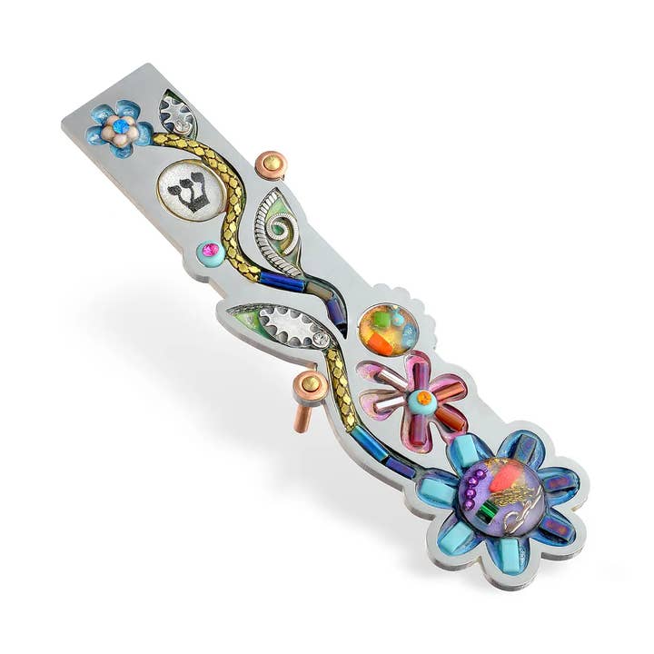 Seeka Whimsical Floral Shin Mezuzah for wholesale by Seeka Jewelry and Judaica