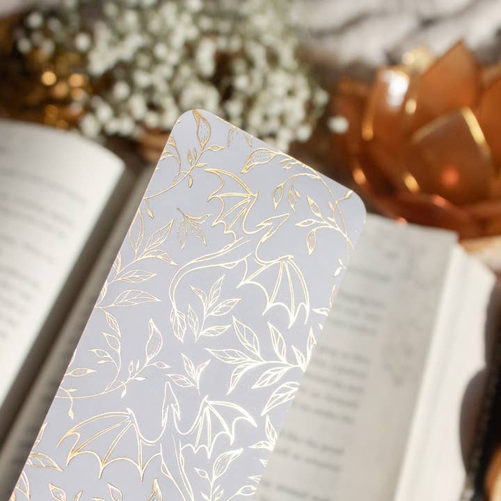 Meaggie Moos - Wholesale Bookmark - Gold Foil and White Floral Dragons Bookmark | Soft Touch