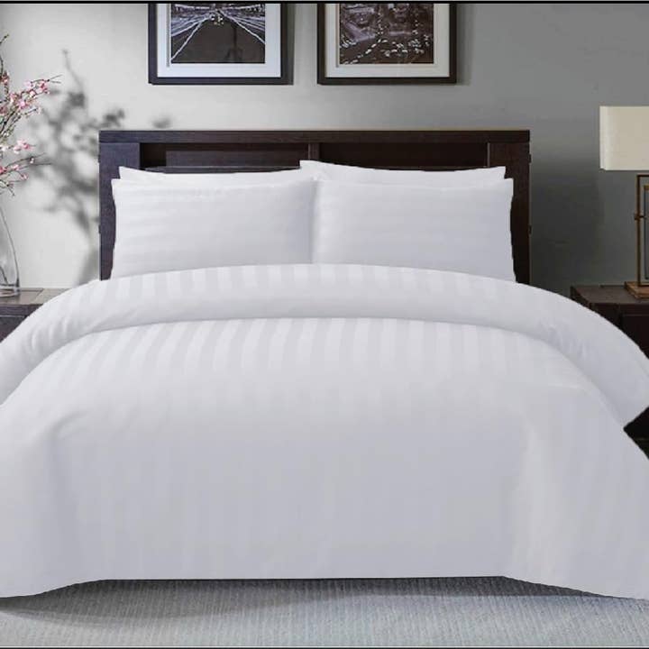 Mfiber Satin Stripe Bedding Set with Pillowcases – White for wholesale by The Fitted Sheets