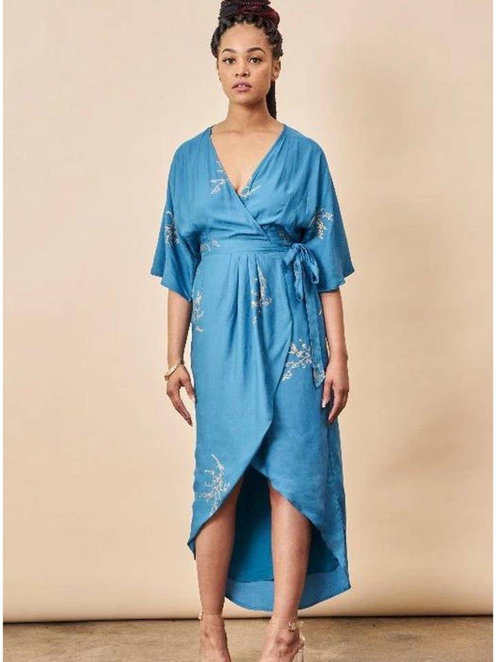 Cherry Blossom Maxi Wrap Dress Sapphire + Gold for wholesale by Symbology