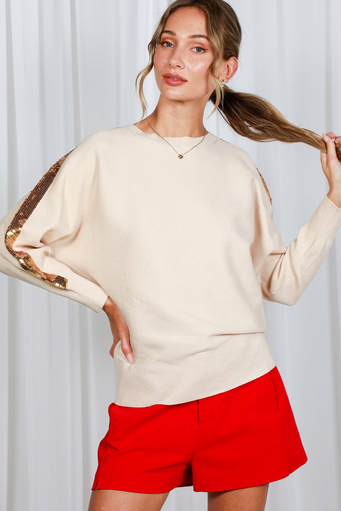 Vine & Love - Wholesale Knit Sweater - Women's - Sequin Detail Crew Neck Dolman Knitted Sweater VT8201329