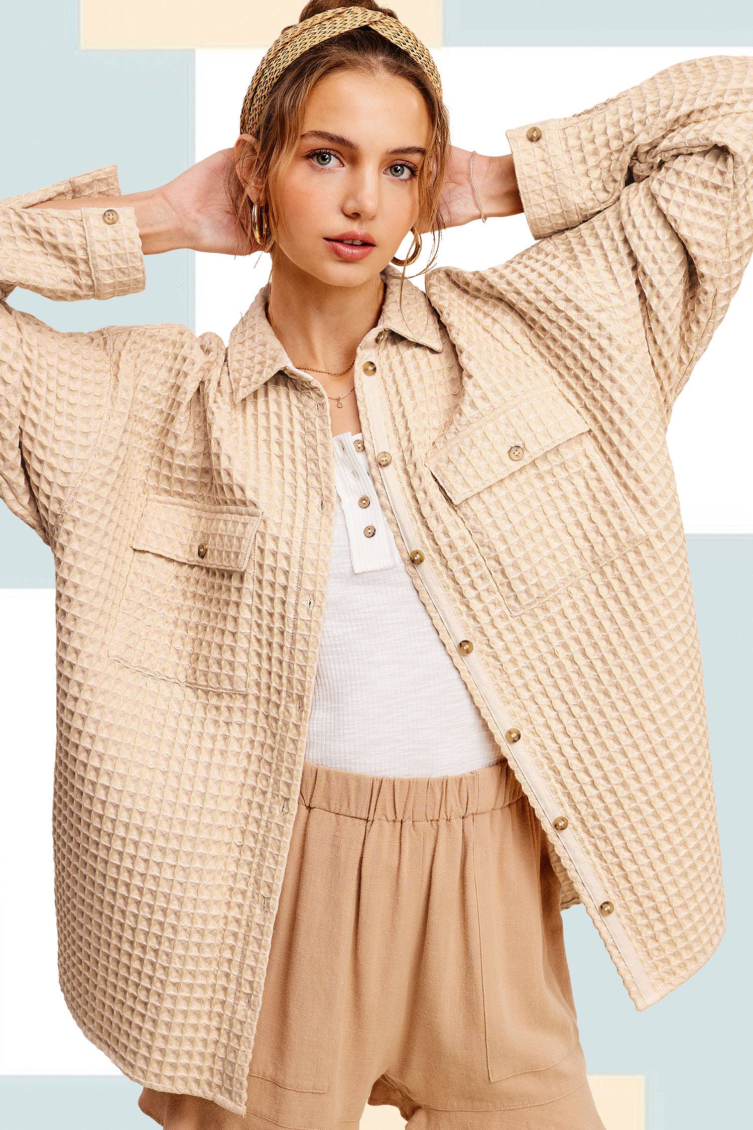 La Miel – Engroshandel Skjortejakke/shacket – til kvinder – La Miel unik waffeltekstureret oversized skjortejakke med knapper16