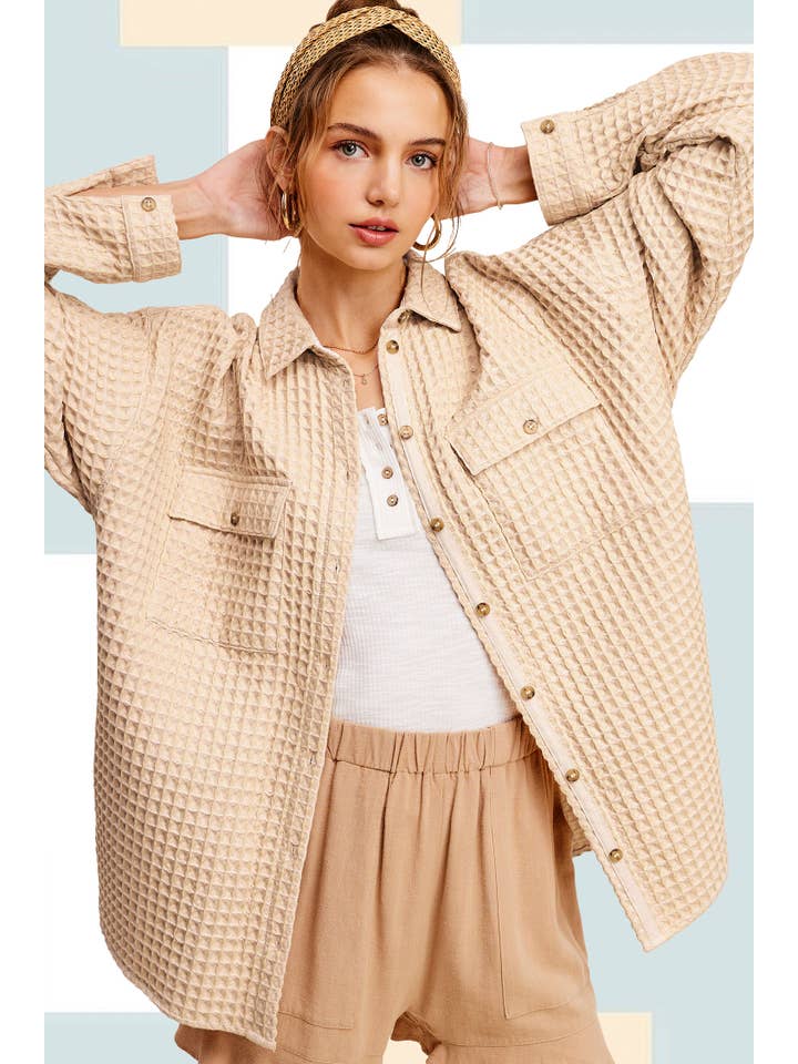 La Miel - Wholesale Shirt Jacket/Shacket - Women’s - JKT1793-Unique Waffle Textured Oversized Button Down Shacket15