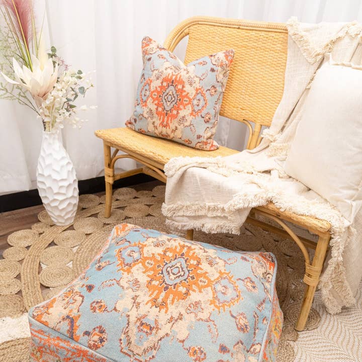 Moroccan Ottoman Cushion Cover, Pouf, Footstool - Cyan for wholesale by Glamthread