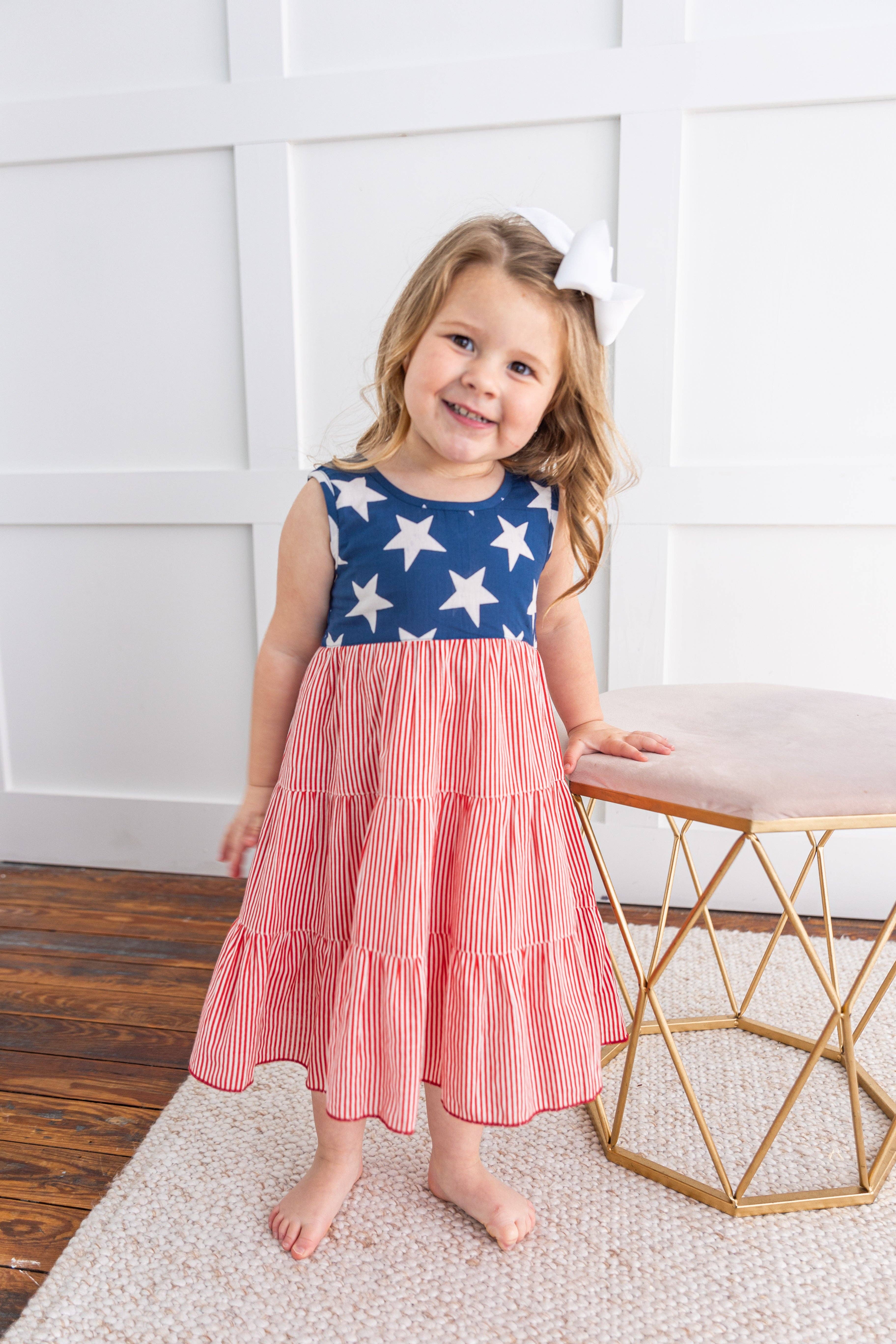 Yo Baby - Wholesale Dress - Kids - Stars & Red Striped Printed Tiered Gathered Dress2