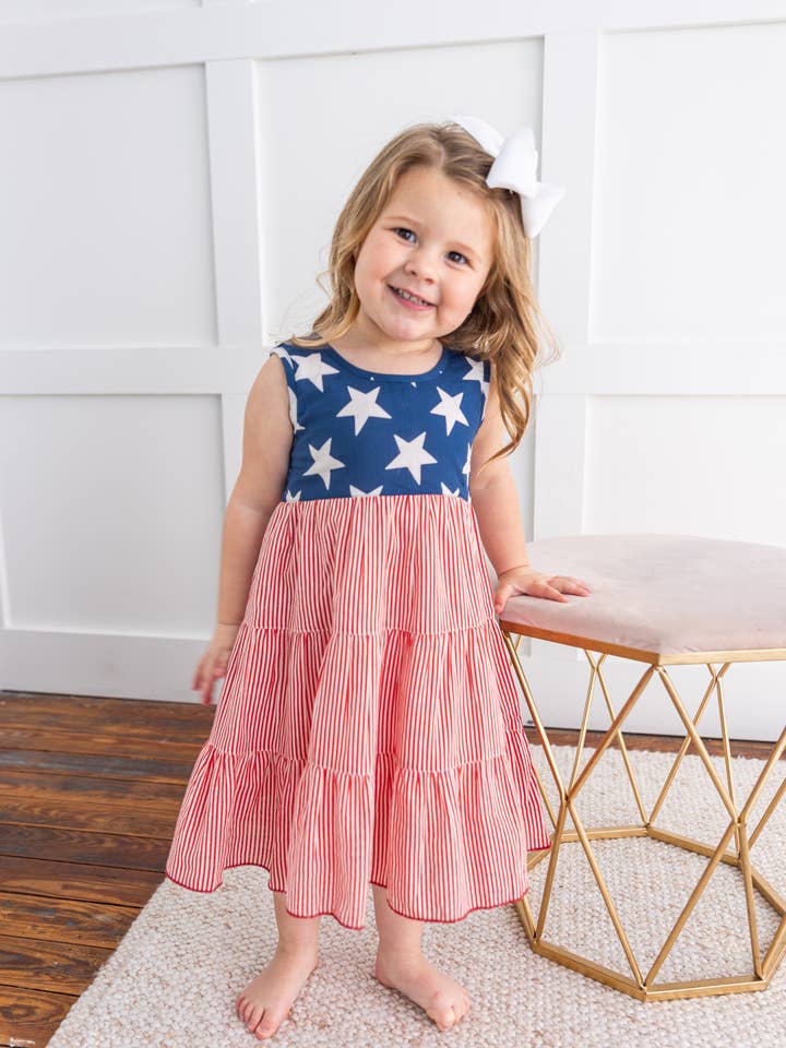 Yo Baby - Wholesale Dress - Kids - Stars & Red Striped Printed Tiered Gathered Dress2