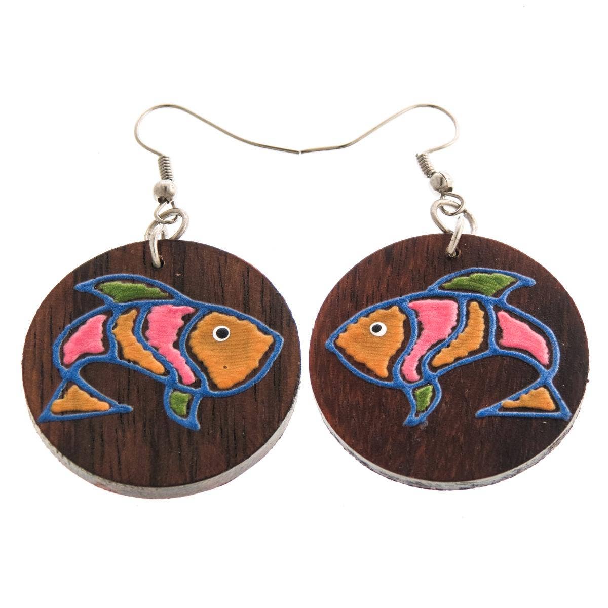 FifiRose - Wholesale Dangle Earrings - exotic hand painted fish round natural wood earrings, 1 1/4"0