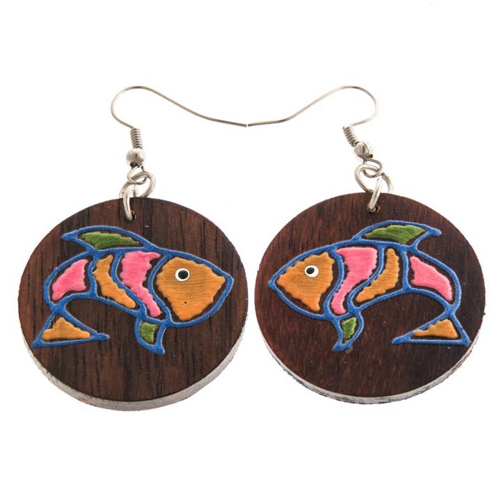 FifiRose - Wholesale Dangle Earrings - exotic hand painted fish round natural wood earrings, 1 1/4"