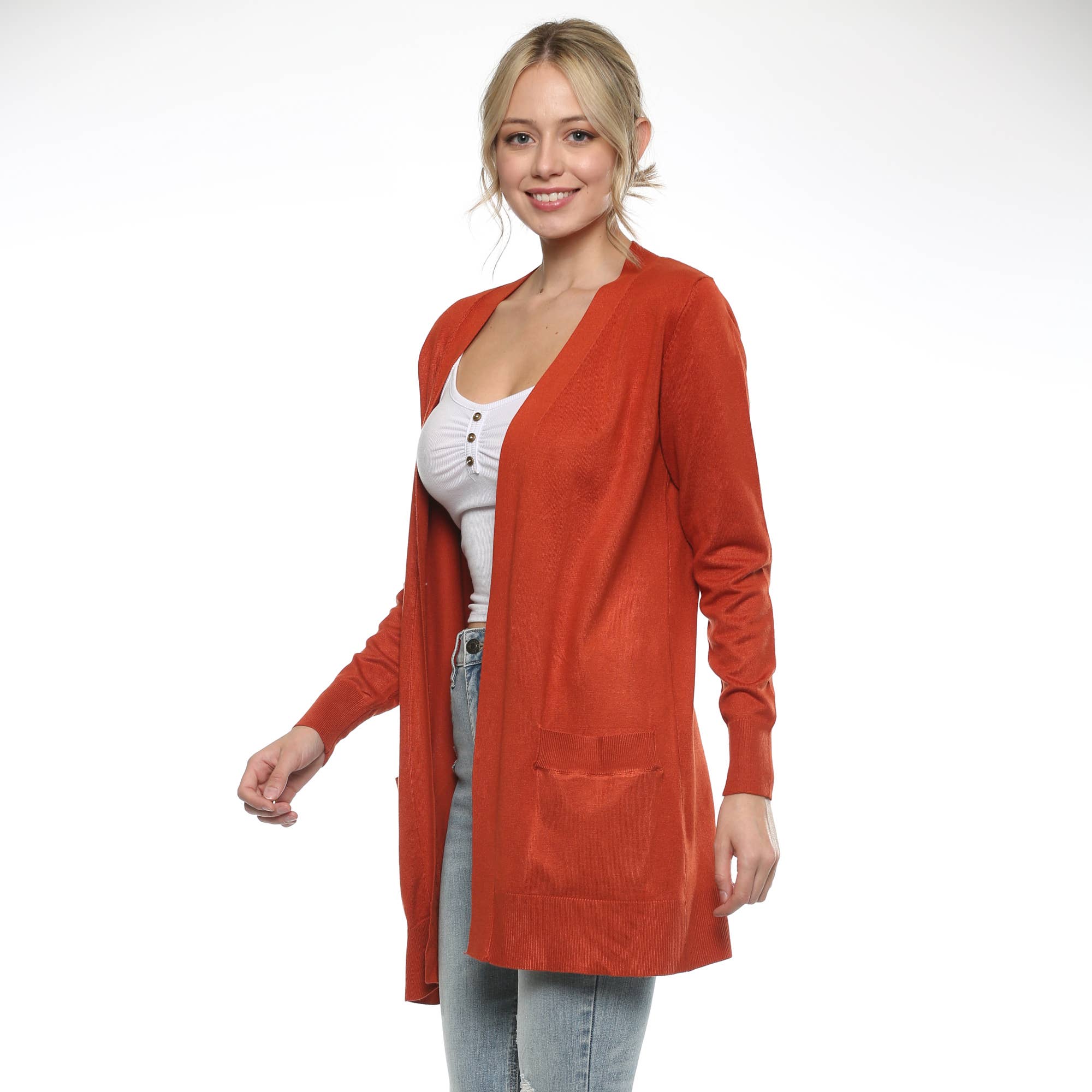 Urban Look - Wholesale Cardigan - Women's - Premium Lightweight Open Front Pocket Cardigan Rust2